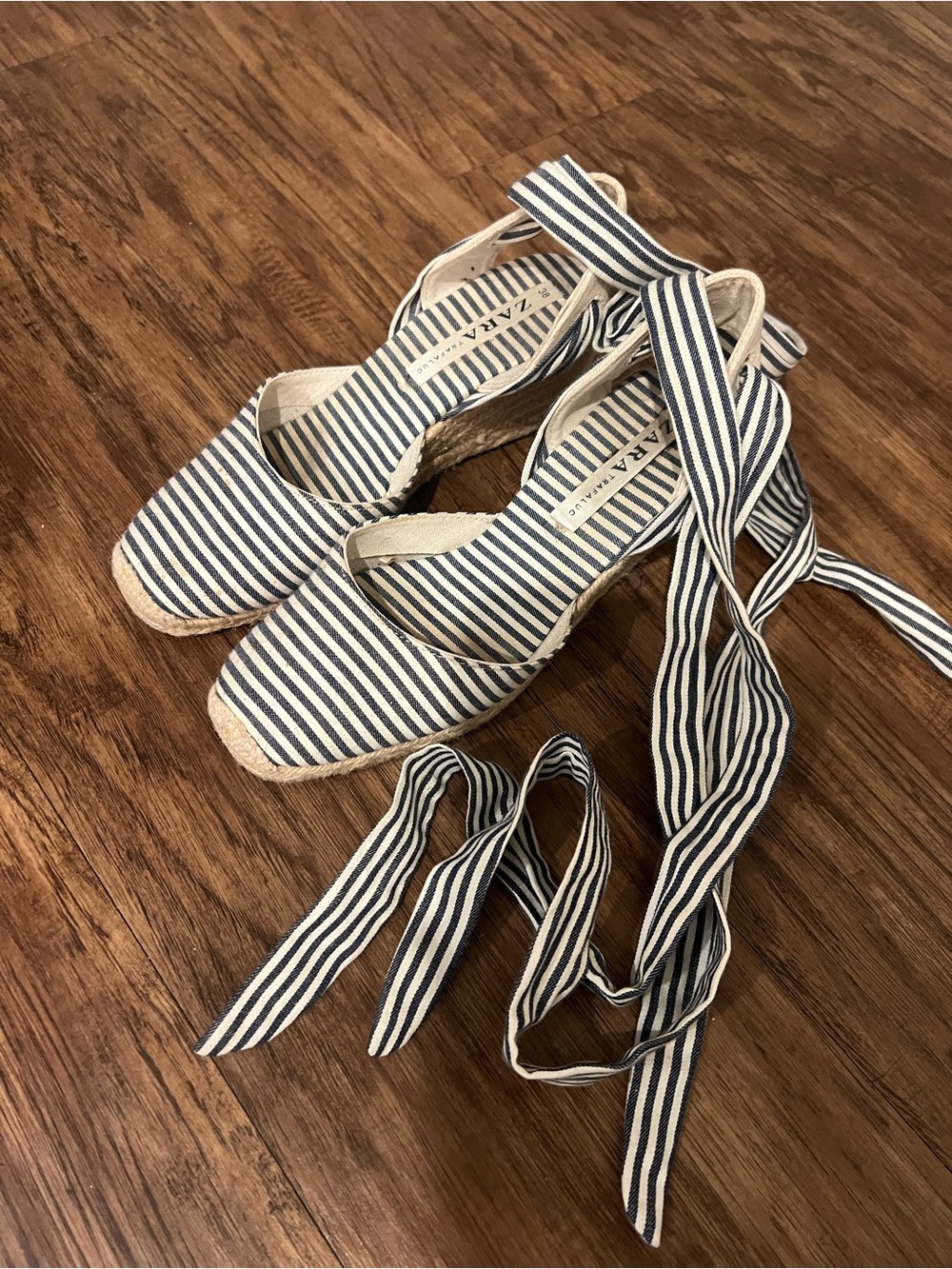 Zara Navy and White Striped Espadrille Wedge Sandals with Ankle Ties